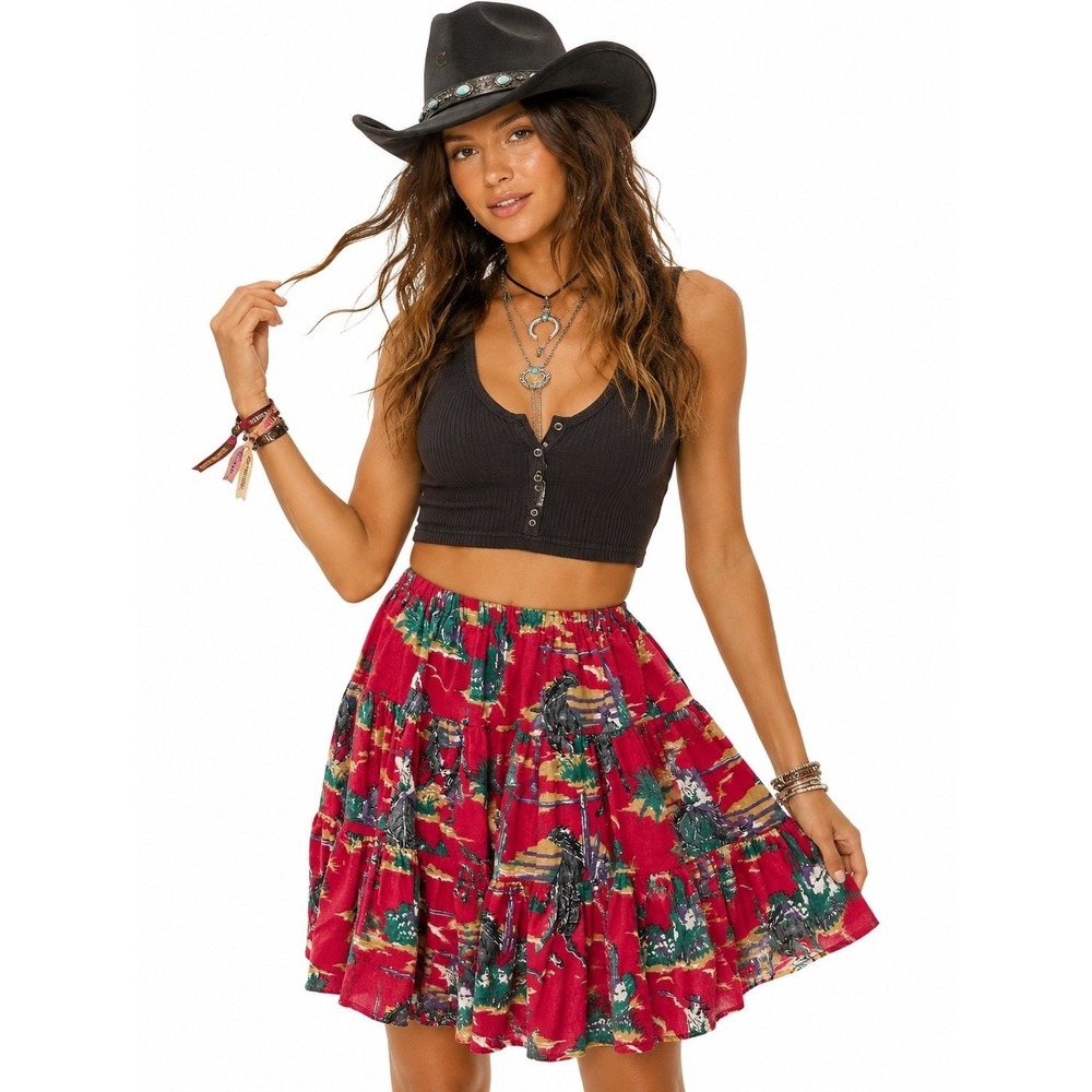 Vintage Blue Western Broomstick Skirt Cowboy Rodeo Festival Red Size One